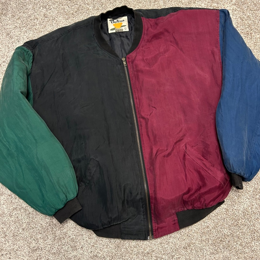 Vintage Protest Colorblock Silk Bomber Jacket Men Size Large 90s Hip Hop